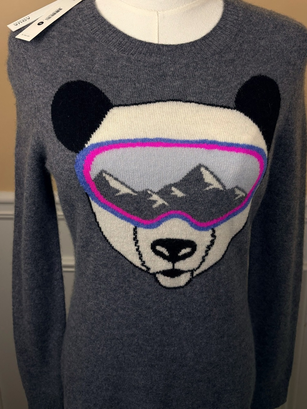 🐼 AQUA Cashmere XS Gray Ski Panda 100% Cashmere Sweater NWT